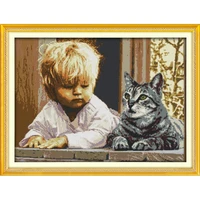 joy sunday the boy and cat baby room decor painting counted print on canvas 1114ct cross stitch kits embroidery needlework sets