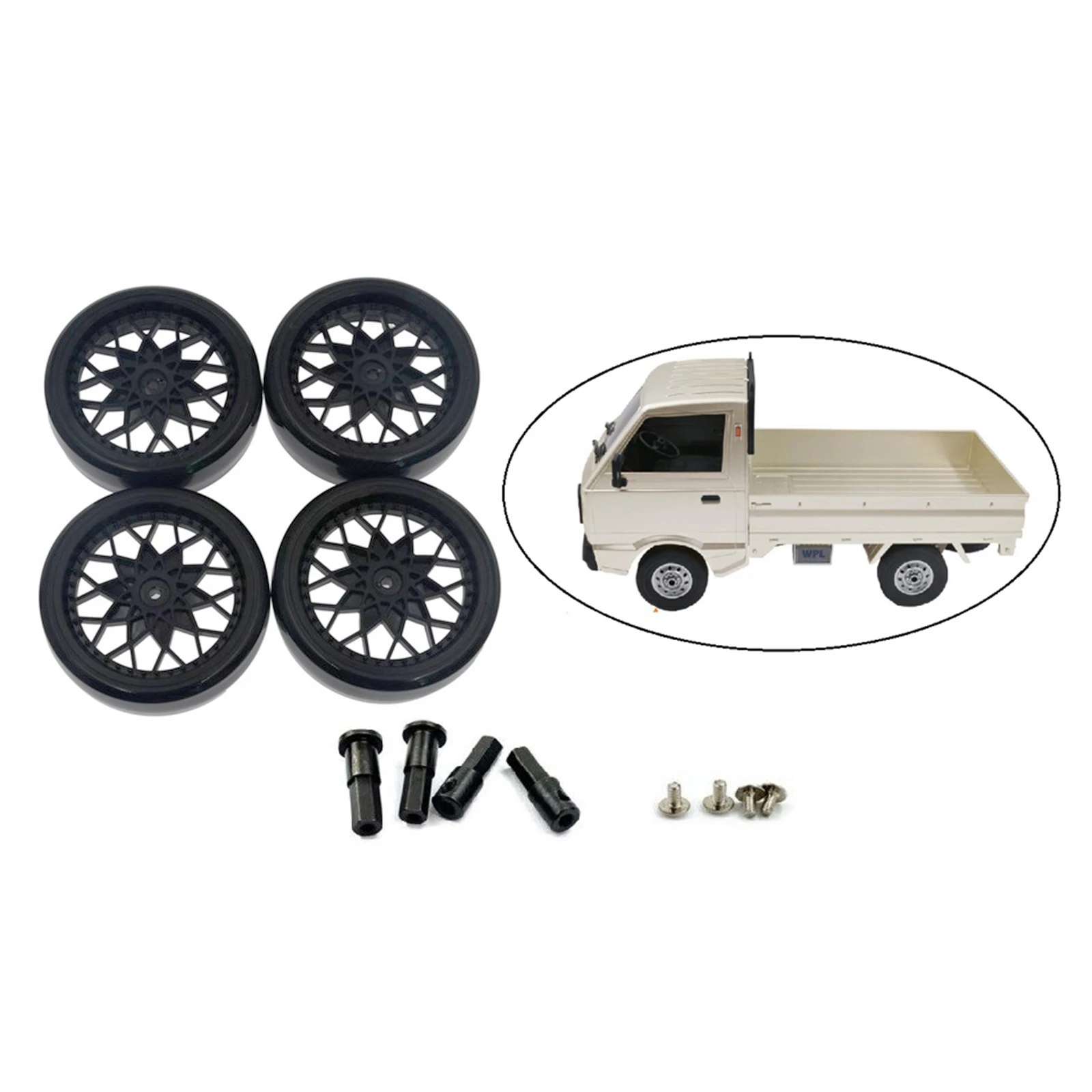 4x Remote Control Model Vehicle Rubber Wheel Tires + Front and Rear Wheel Axle for 1/10 Scale WPL D12 Trucks Car Accessorie