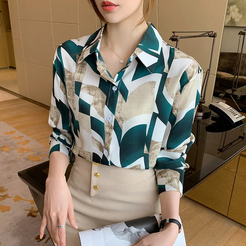 

Chiffon Women's Blouse Casual Polo Girl's Shirt Summer Loose Long Sleeve Top Fashion Plus Size Print Lady Blusas Houthion