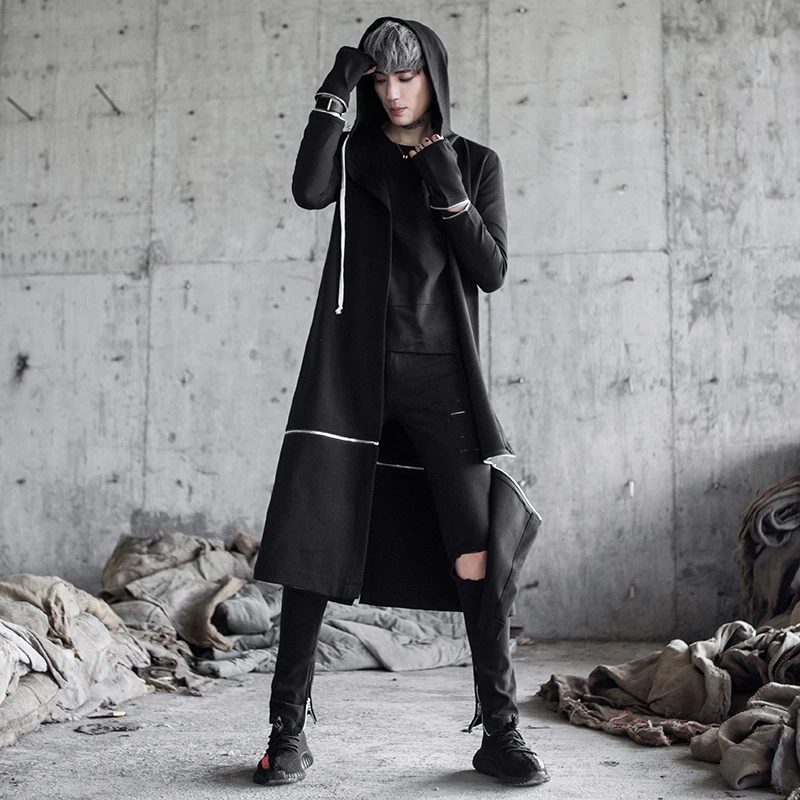 

Men punk hip hop trench coat long jackets nightclub singer black costume mens gothic hooded cloak overcoat korean removable coat
