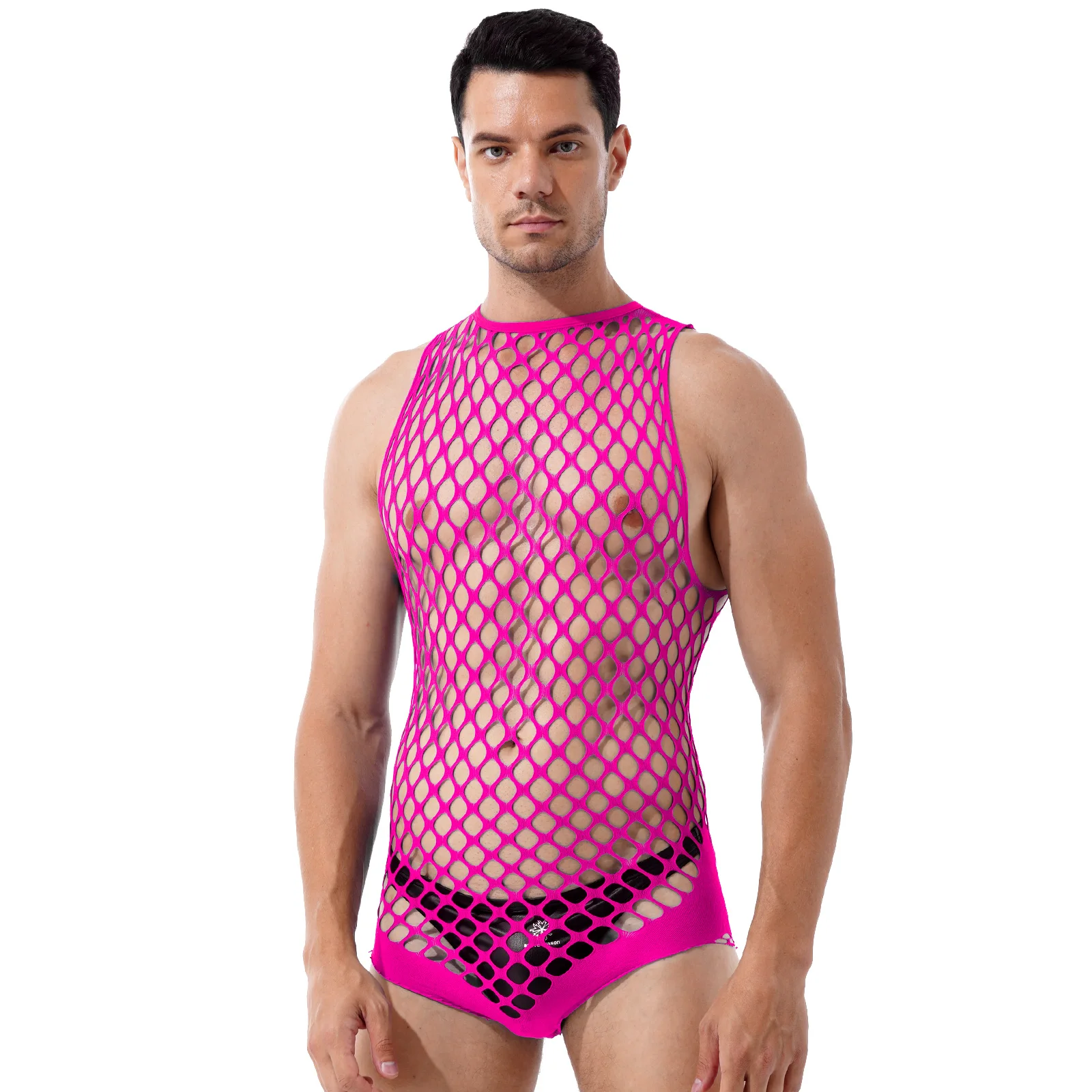 

Mens See-through Stretchy Bodysuits Nightwear One-piece Hollow Out Netted Bodystockings Lingerie Halter Neck Sleeveless Teddies