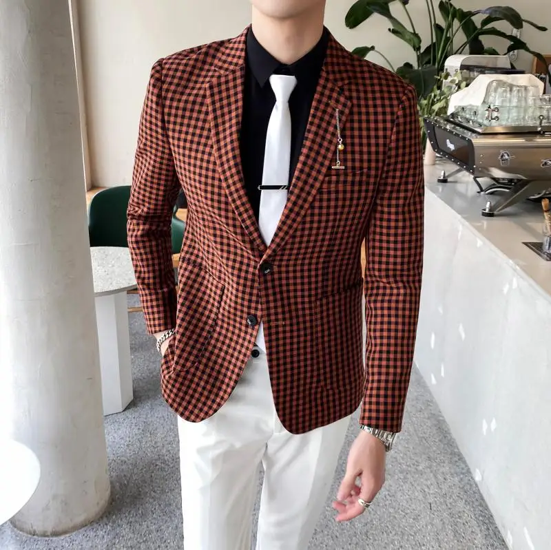 Мужской Клетчатый Блейзер деловой приталенный модная уличная одежда пиджак для