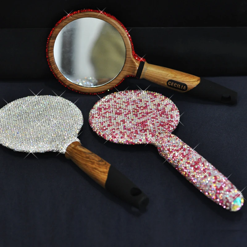 

Handmade Rhinestone Makeup Mirror Wooden Portable Handle Mirror Bling Diamond Room Table Makeup Decor Vanity Decor Round Mirror