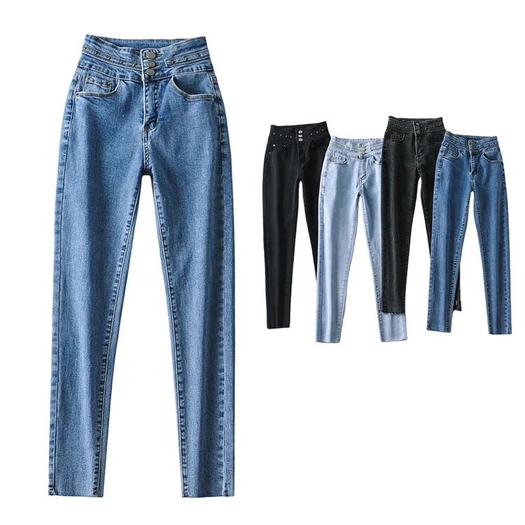 

Джинсы с завышенной талией, с заклепками, женские брюки на весну и осень, эластичные облегающие брюки Za 2021