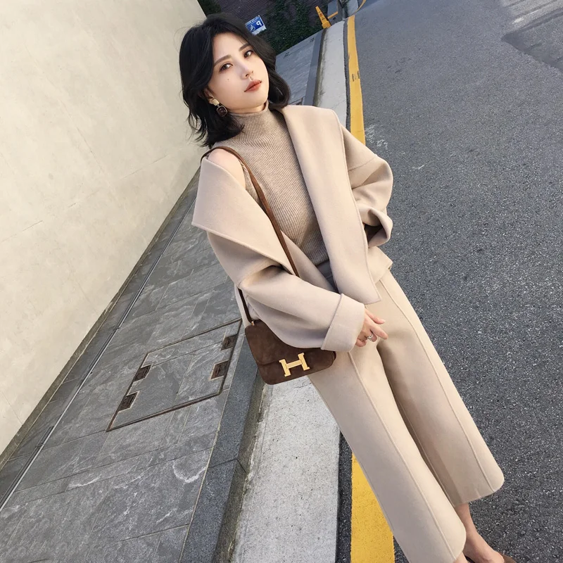 BGTEEVER Autumn Winter Woolen Women Pant Suits Open Stitch Coat &amp Wide Leg Pants OL Style Female 2 Pieces 2019 | Женская одежда