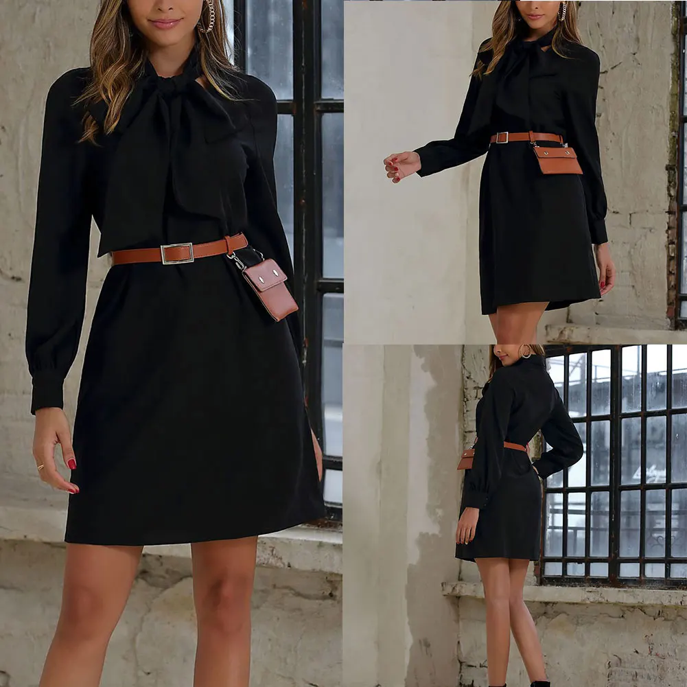 Женское платье трапециевидной формы однотонное офисное с бантом и длинным