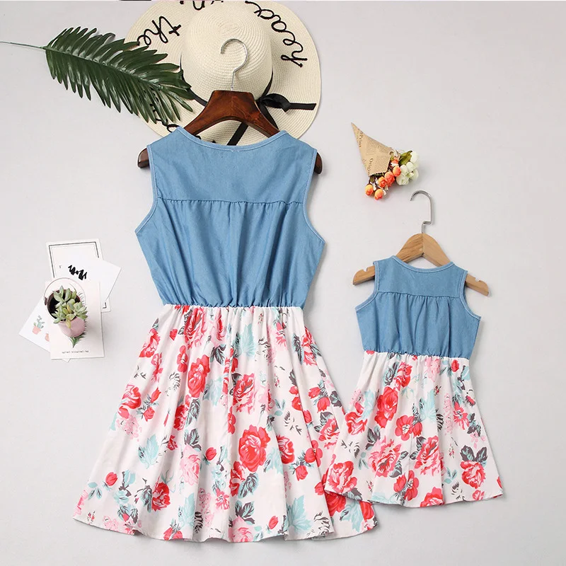 Summer Mother Daughter Dresses Sleeveless Mommy And Me Family Matching Clothes Kids Girl Ruffles Floral Patchwork Mini Dress | Мать и