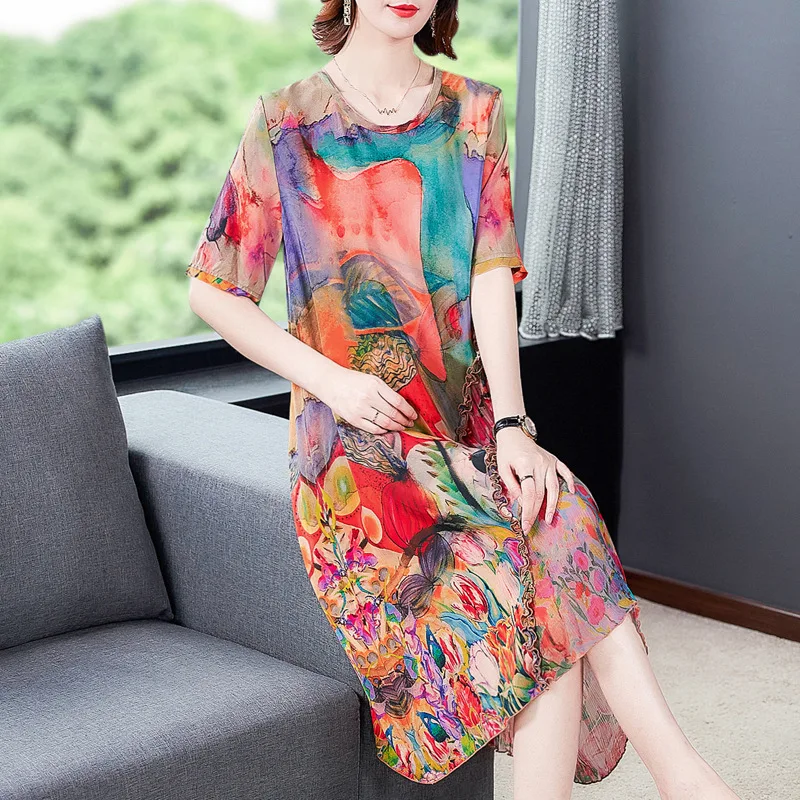 

2020 new ladies summer new casual silk dress short-sleeved floral loose holiday big swing long dress