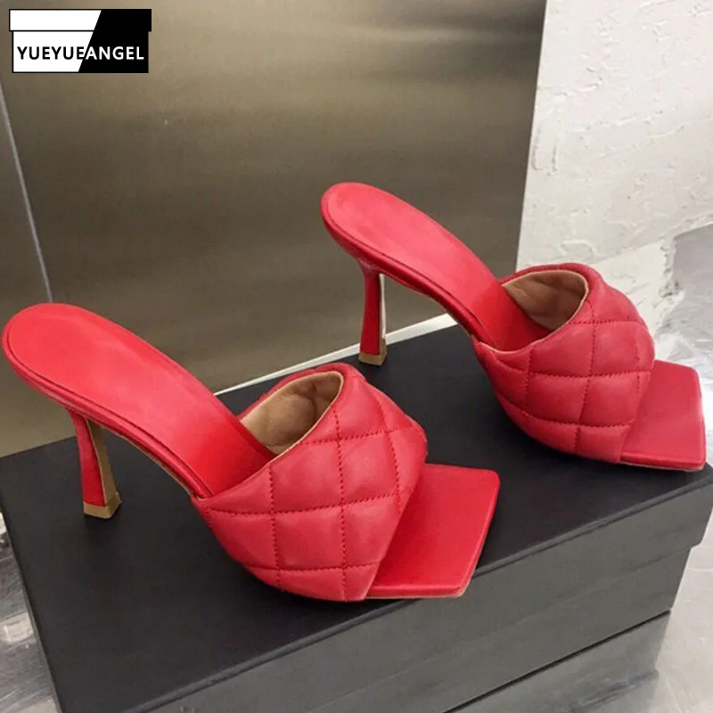 

Fashion Women Summer Rhombus Designer Sandals Slip On Outside Slippers High Heels Genuine Leather Sandals Ladies Shoes Colors