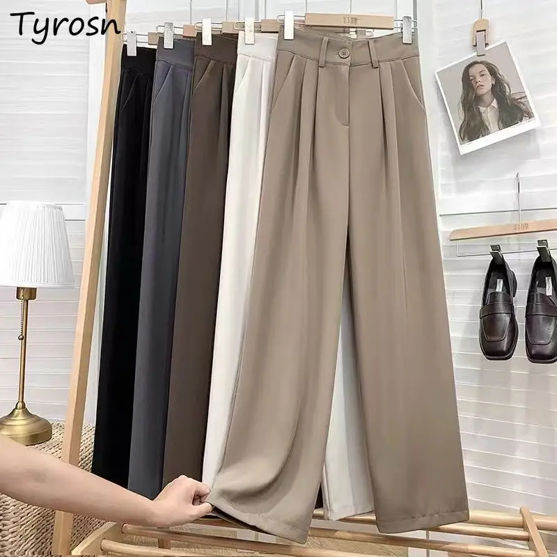 

Casual Pants Women Elegant Pleated Button Fly Straight Pant Retro All-match Loose Trouser High Waist Tailored Bottom Office Lady