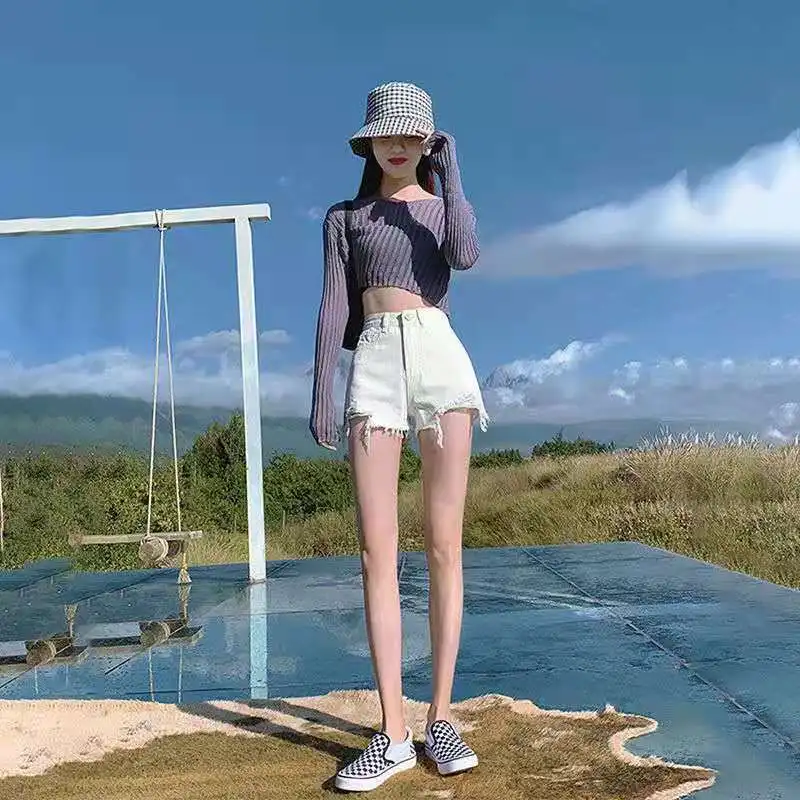 

Raw edge ripped denim shorts women loose 2021 summer new high-waisted thin a-line shorts
