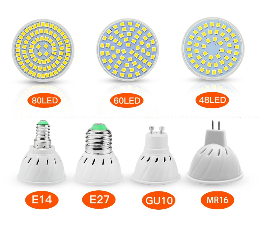 Светодиодная лампа E27 E14 GU10 MR16 220V 240V 110V Светодиодный точечный светильник накаливания 40 60 80 светодиодов 2835SMD светодиоды, Lampada Bombillas Точечный светильник лампы