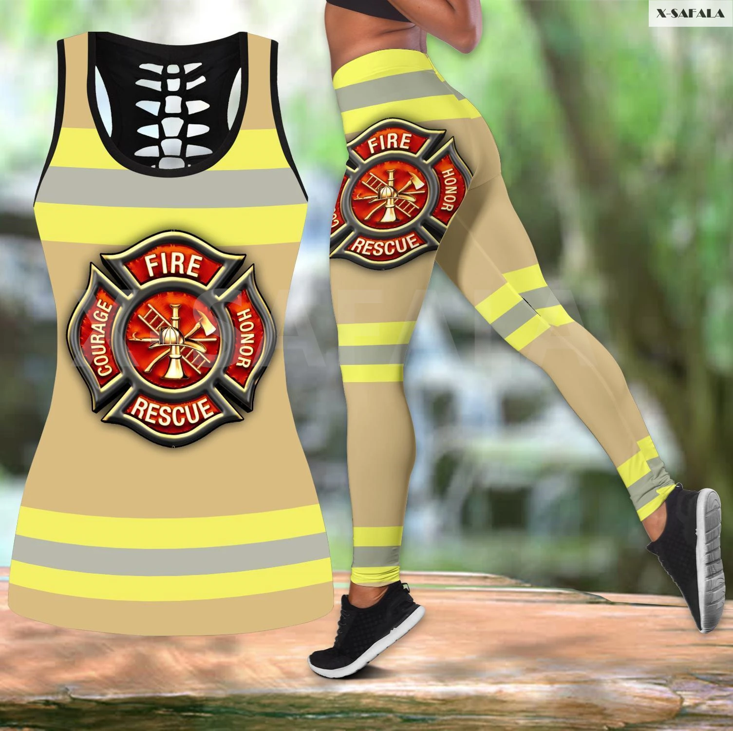 

Strong Firefighter 3D Printed Women Two Piece Yoga Set Vest Hollow Combo Tank Top Legging Waist Sport Fitness Quick Dry E31