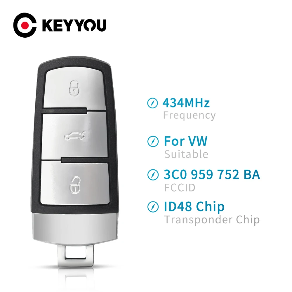 Смарт-ключ KEYYOU для VW 434 МГц с чипом ID48 тремя кнопочными вставными лезвиями Passat B6 3C