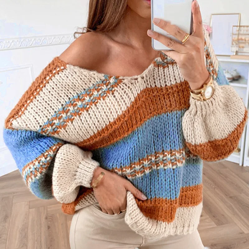 

Spring and Autumn Retro Casual Loose V-neck Bubble Long-sleeved Sweater Ladies All-match Warm Color Sweater Loose and Long Top