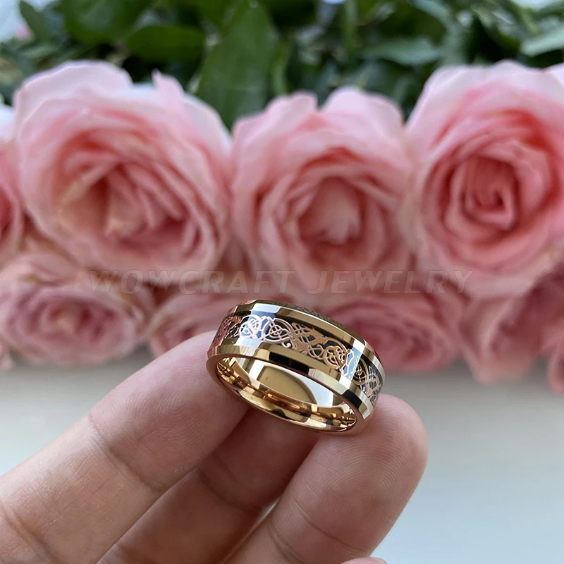 

8mm Rose Gold Men's Tungsten Carbide Ring Dragon Inlay with Black Carbon Fiber Based Comfort Fit Beveled Edges Engagement Rings