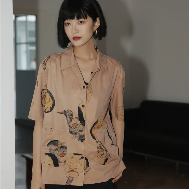 

ZCSMLL Musashi Ukiyoe Японская уличная одежда женские блузки рубашки с коротким рукавом на пуговицах Рубашка Эстетическая летняя верхняя одежда J015