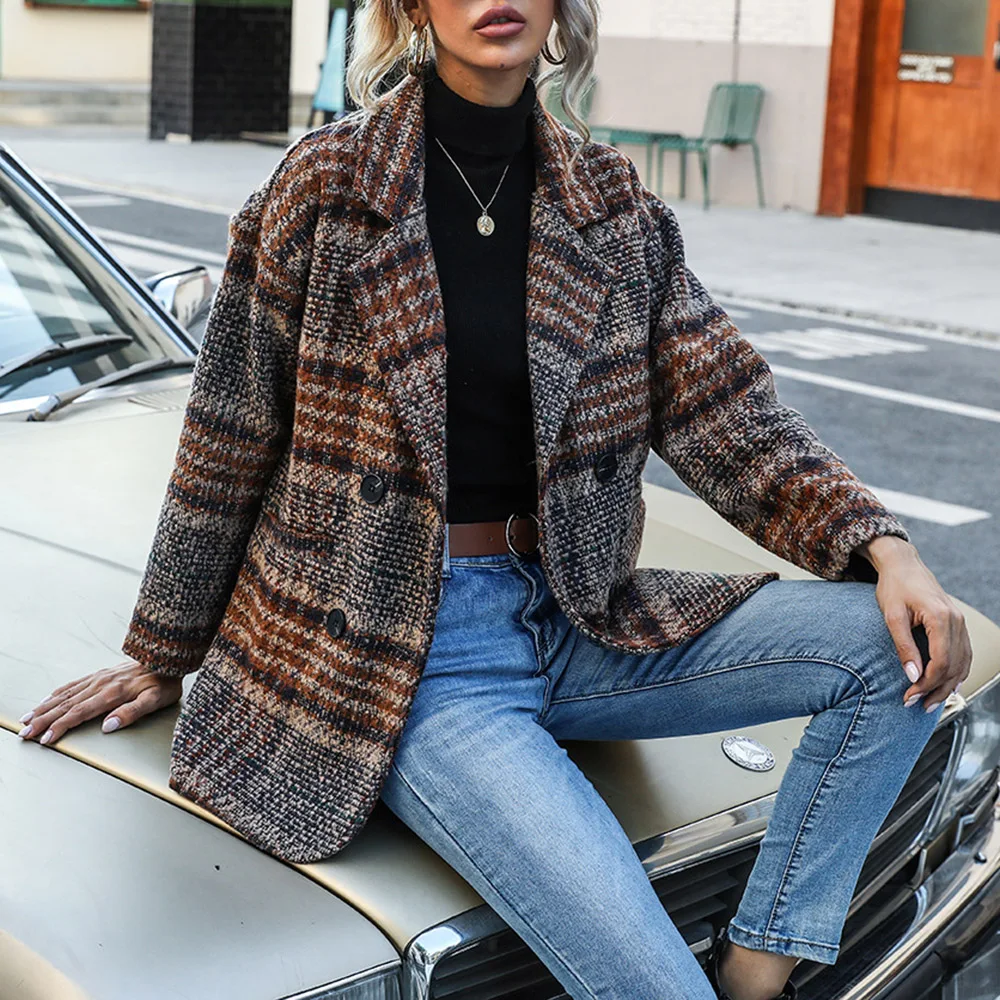 

Western Style Casual Blazer Autumn Winter New Fashion Thicken Keep Warm Loose Casual Woolen Cloth Lattice Lapel Long Sleeve