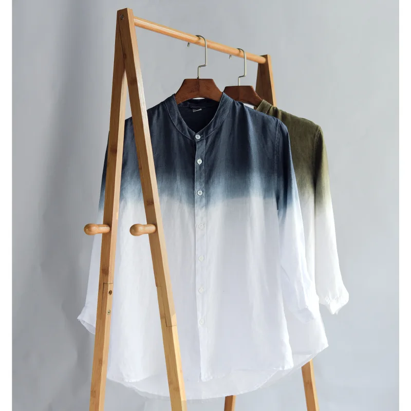 Мужская рубашка с градиентным принтом стоячим воротником длинным рукавом синего