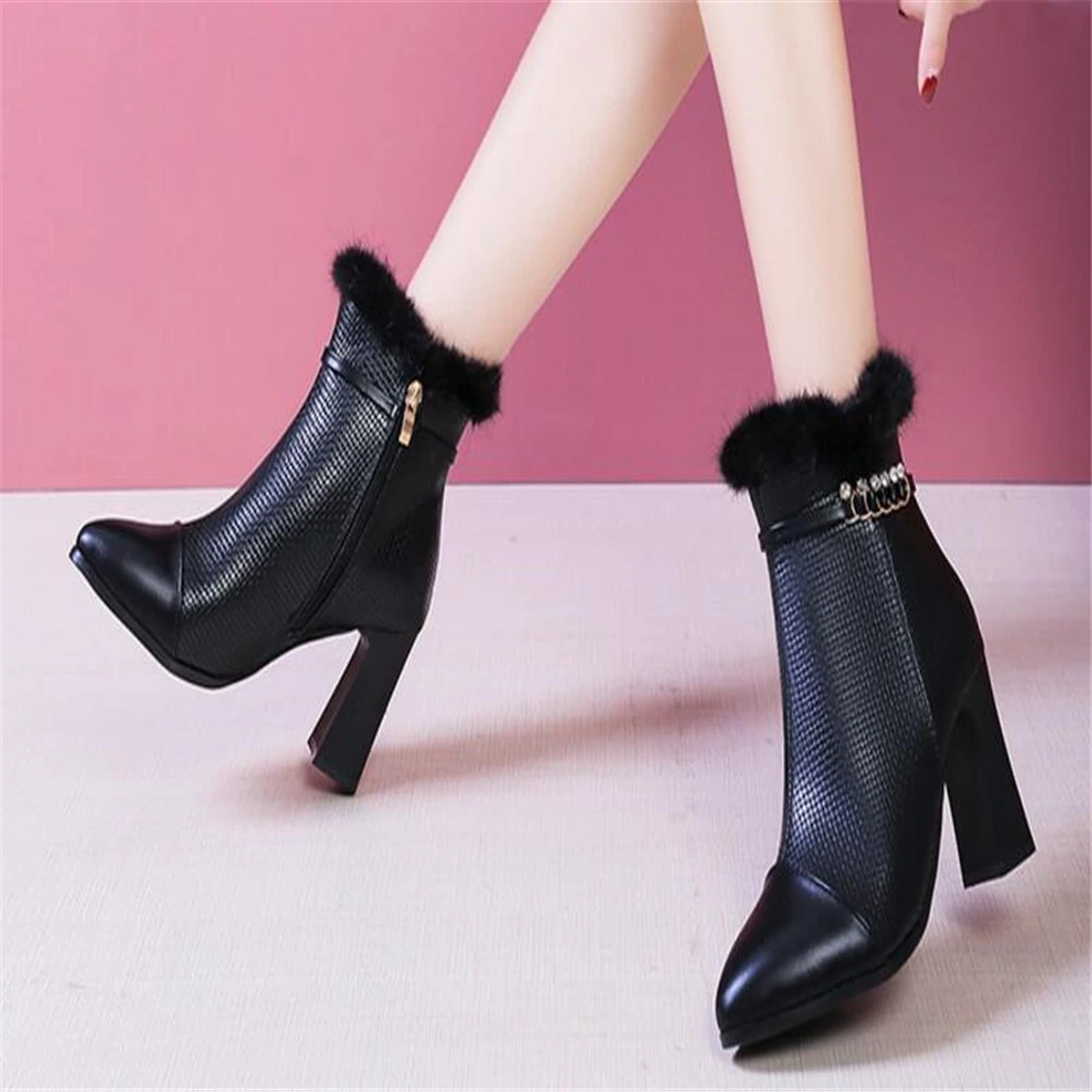 Ankle boots women Genuine Leather shoes solid square heels woman Zipper Fur snow lady Snow Boot Botas Mujer y504 | Обувь