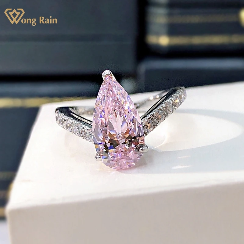 

Wong Rain 100% 925 Sterling Silver Pear Cut Pink Sapphire Gemstone Wedding Engagement Romantic Ring For Women Fine Jewelry Gifts