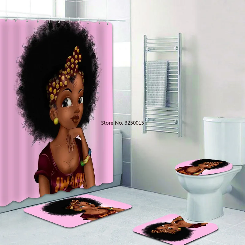 Home Decor Purple African American Women Girl Black Afro Shower Curtain Set Bathroom Bath Mat Rug Carpet Toilet | Дом и сад