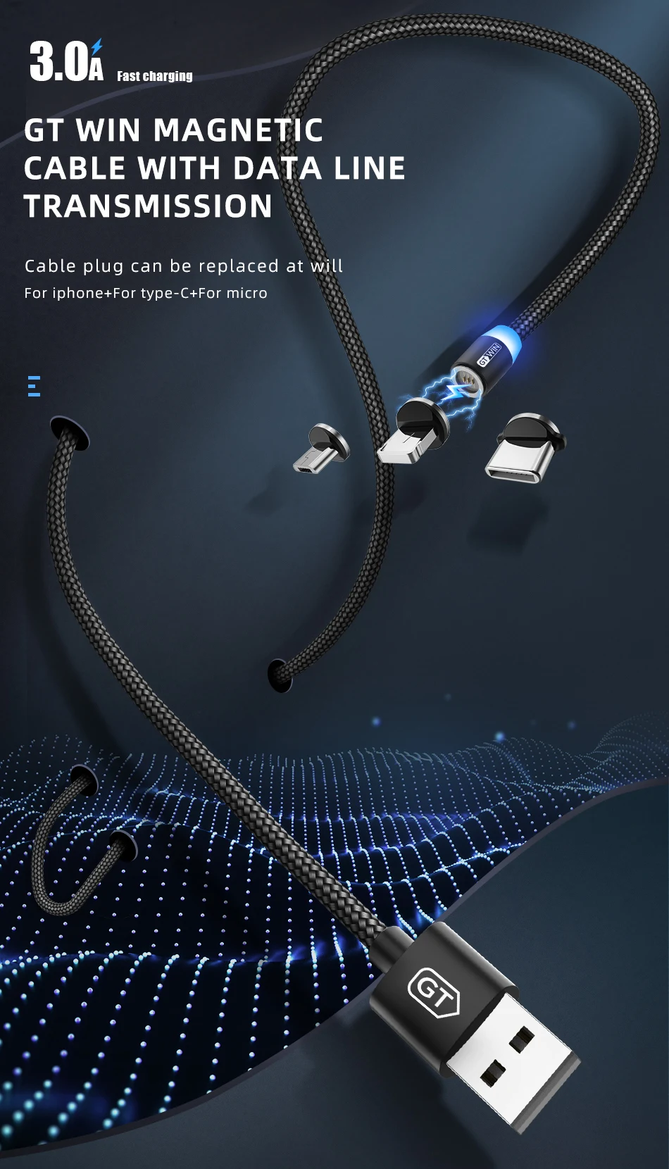 GTWIN 3A Магнитный кабель Micro USB кабель для iPhone Быстрая зарядка usb type C кабель для передачи данных для мобильного телефона Магнитный Шнур зарядное устройство 1 м/2 м