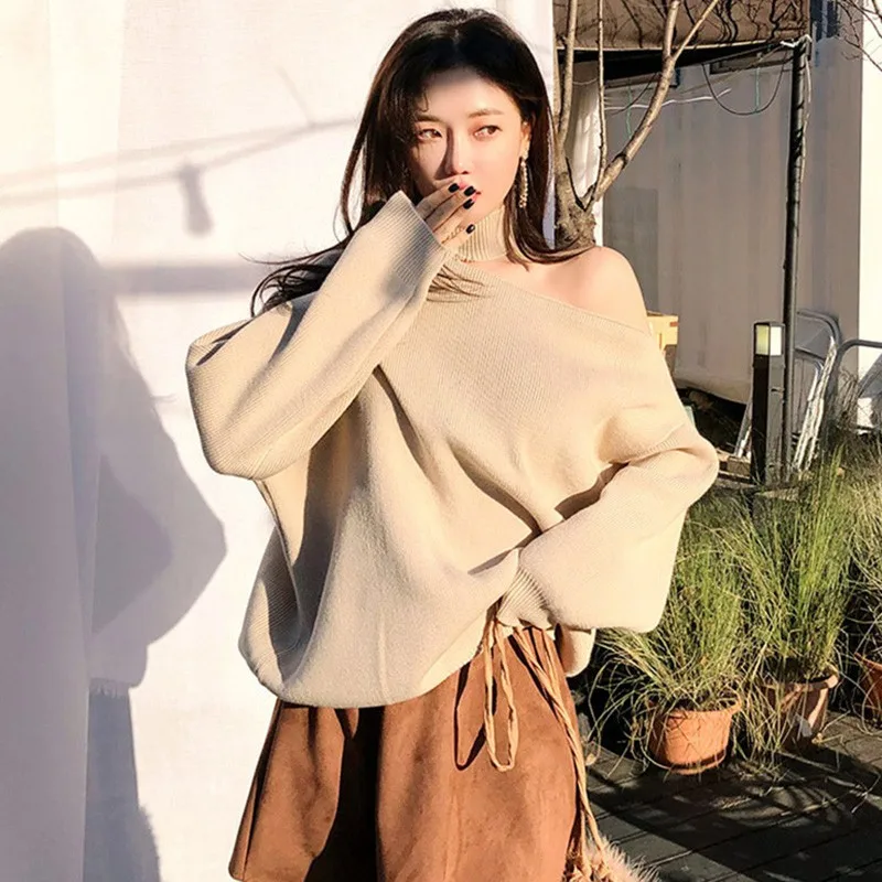 A New fashion Female Off-shoulder halter Slim Bottom Sweater Solid Color Loose Split Long-Sleeved Autumn Winter Women - Цвет: A