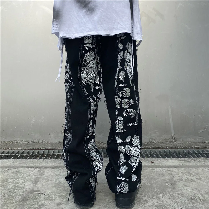 

Print Patchwork Jeans Pants Men and Women Streetwear Straight Washed Harajuku Denim Trousers Loose Ripped Jeans for Men