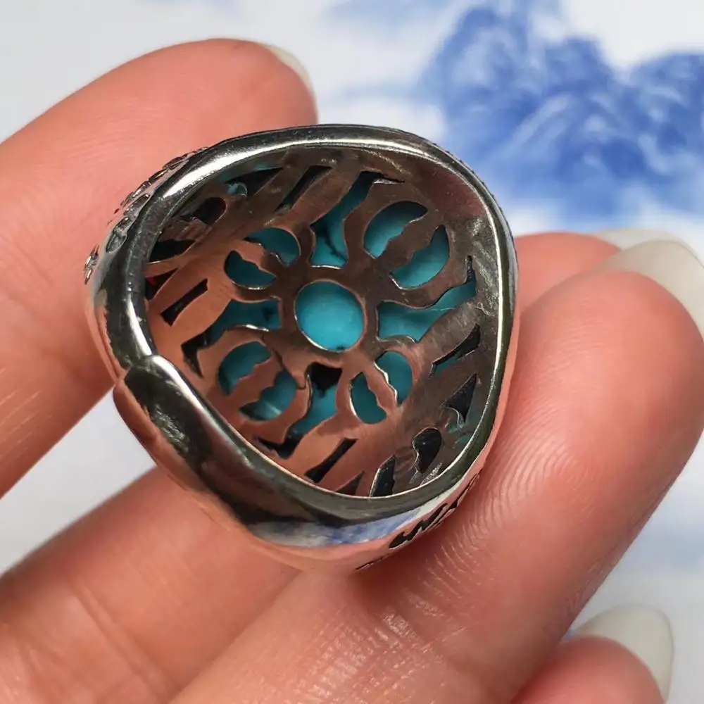 Регулируемое кольцо с кристаллом естественный бирюзово зеленый из серебра 925