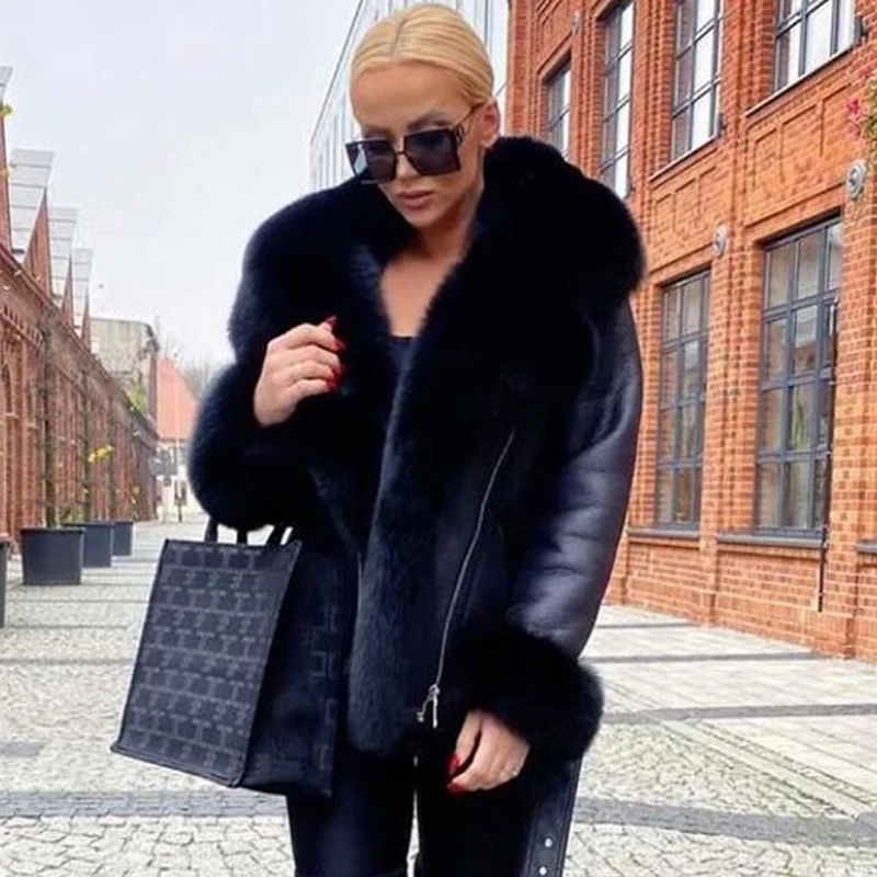 Winter Real Fur Coats Natural Women High Quality Genuine Leather Jacket With Big Fox Fur Turn-down Collar Luxury Overcoats 2022