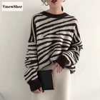 Женский полосатый джемпер VmewSher, вязаный пуловер с круглым вырезом и длинным рукавом, повседневный модный джемпер большого размера на осень
