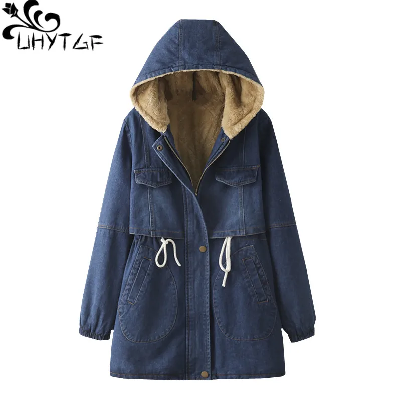 UHYTGF Women Winter Coats Lambswool Fleece Warm Parkas Mujer Denim Cotton Hooded Windproof Casual Jeans Cotton Coat Big Size 209