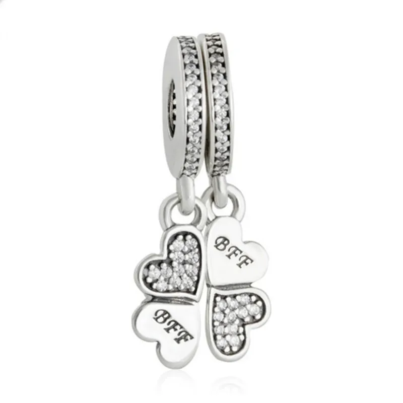 

925 Sterling-Silver-Jewelry Best Friends Forever BFF Clover Pendant Charms Fit Pandora Bracelet CZ Pave Hearts Beads Autumn