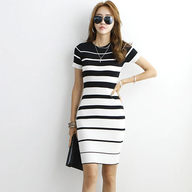 

Women Elegant Slim Stripe Knitted Dress 2020 Autumn New Office Bodycon Pencil Dress Female Casual Vintage Sexy Sheath Vestidos