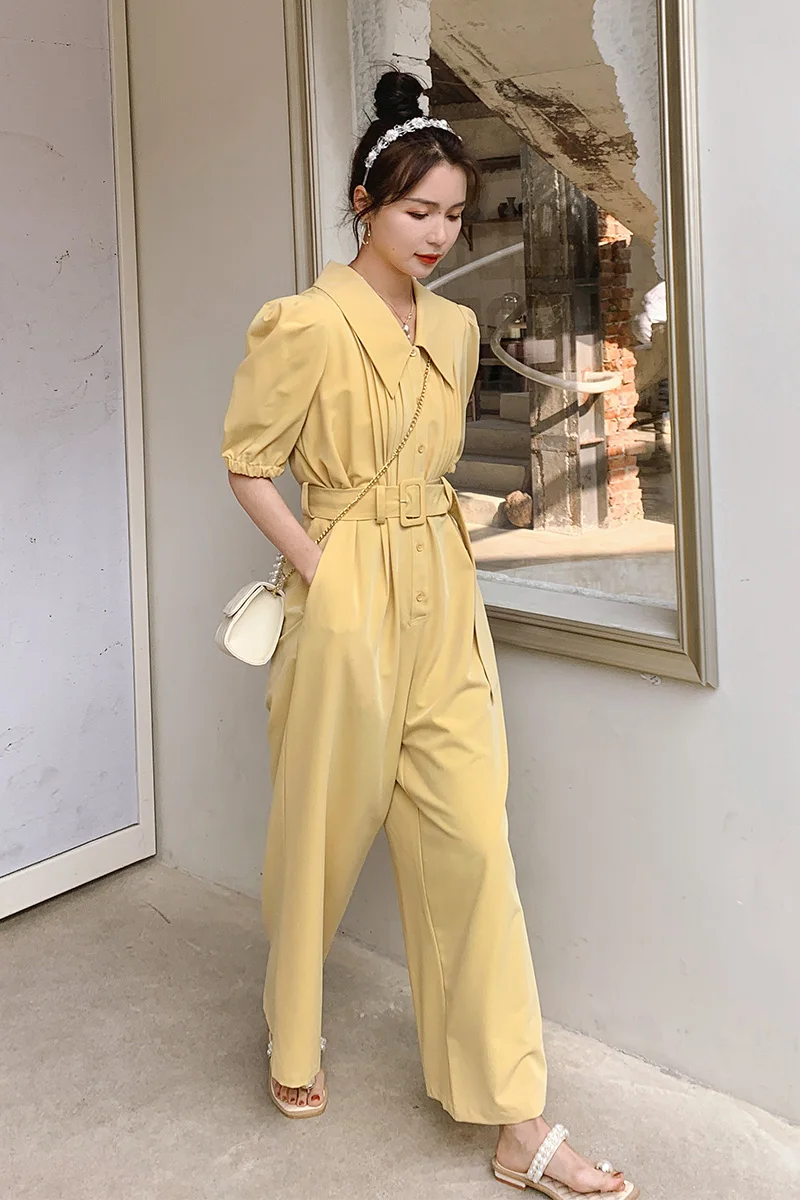 

Summer Jumpsuit Women Fashion Elegant Short Sleeve Lapel Shirt Style Wide Leg One Piece Pants Sets Solid Color Sashe Overalls