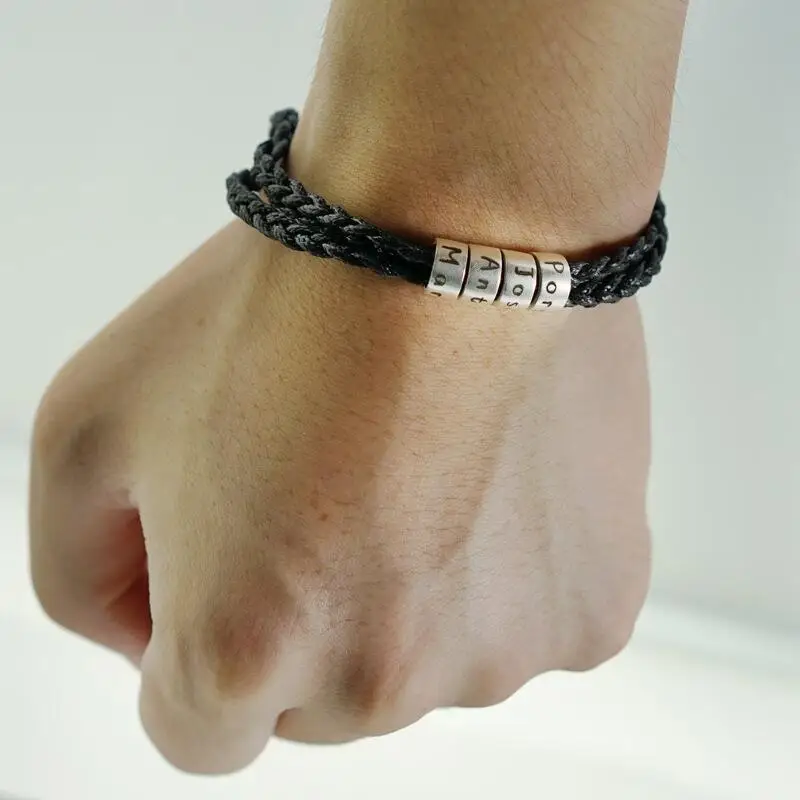 Индивидуальный мужской черный кожаный браслет маленькие бусины на заказ с