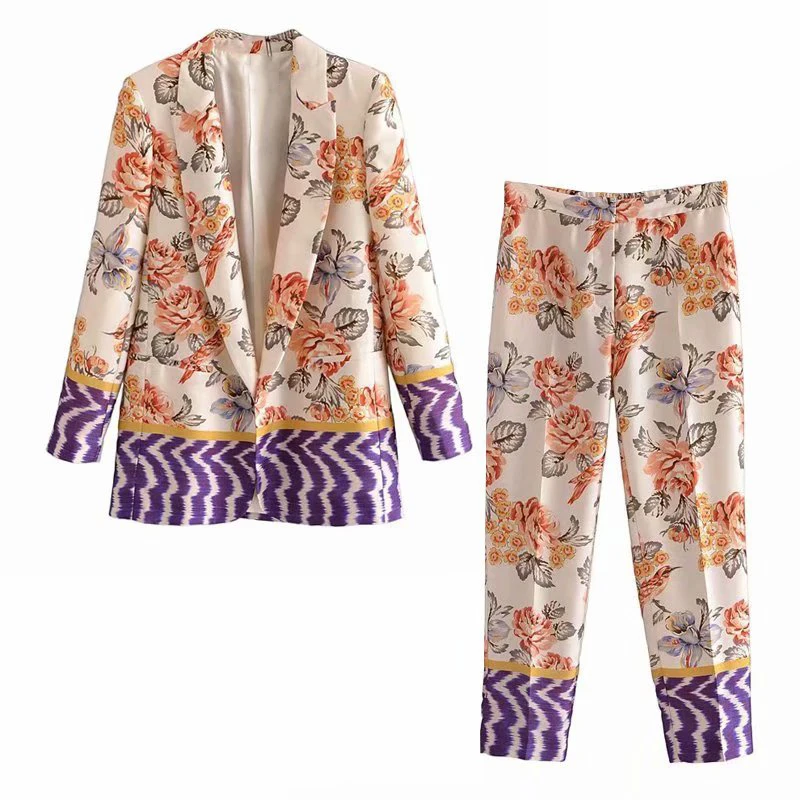 

Fashion Print Women Blazer Suits Long Sleeve Cardigan Blazer Pants Set Office Ladies Two-piece Blazer Sets