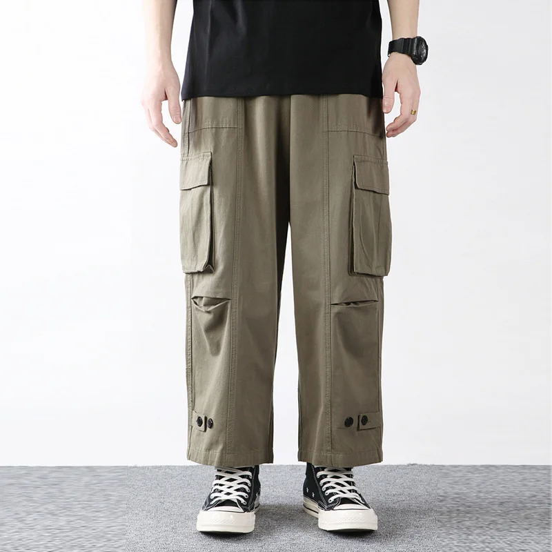 

American Casual Cargo Pants Men Lazy Baggy Wide-Leg Cropped Pants Mens Work Multi-pocket Ninth-pants Ankle-Length Trousers