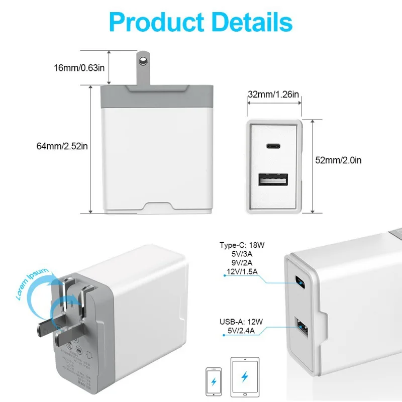 2 порта тип c + USB настенное зарядное устройство 30 Вт Зарядное для iPhone 11/X/XR Google Pixel