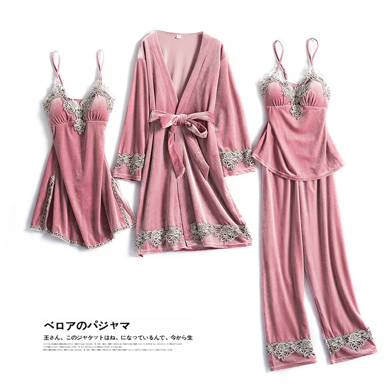 

Sleepwear Velvet 4PCS Pajamas Set Casual Women Kimono Banthrobe Gown Sexy Lace V-neck Nightwear Autumn Homewear Pijamas Suit
