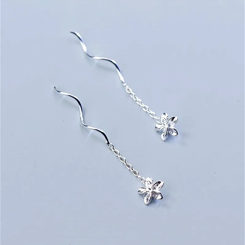 Женские серьги подвески серебряного цвета с цепочкой и цветком|Серьги-подвески| |