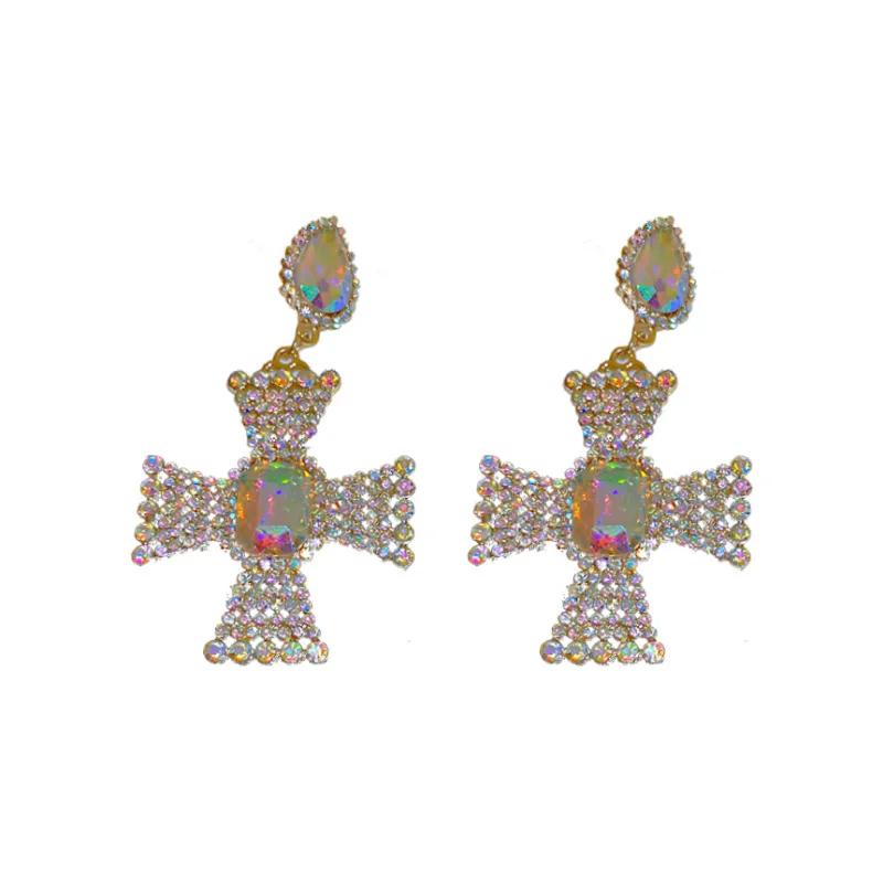 

ZA Luxury Rhinestone Crystal Cross Earrings Women Exaggerated Large Big Statement Baroque Earrings Long Dangle Earrings Jewelry