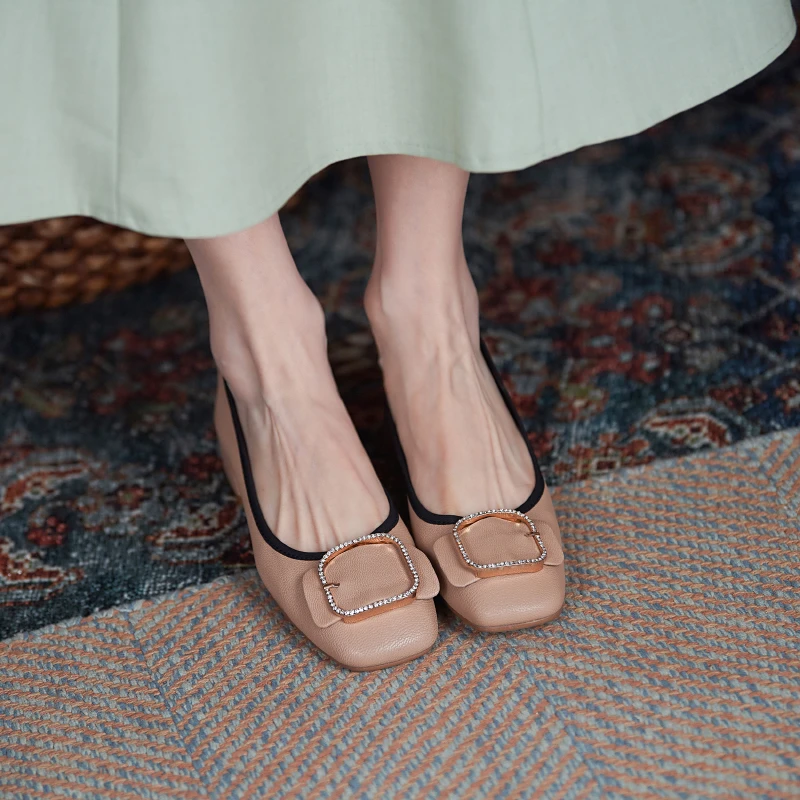 

CONASCO Working Casual Shallow Women Pumps Spring Summer Square Toe Genuine Leather Rhinestone Buckle Shoes Woman Office Lady