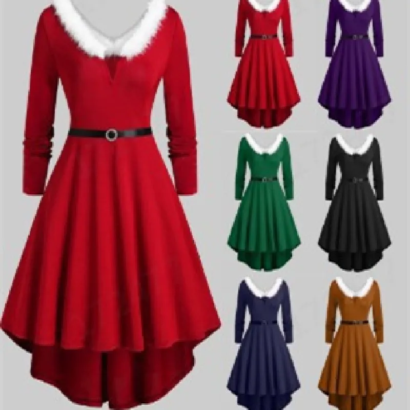 

5XL Large Size Women's Christmas Dress Wool V-Neck Red Long Sleeve Outfit Costume Warm Fashion Clothes