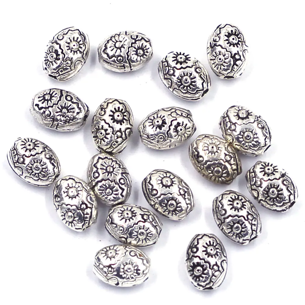 

30Pcs Spacer Beads Flower Sun Carved Oval Sliver Tone Zinc Metal Alloy For Charms Bracelets Jewelry DIY Findings 8x6mm