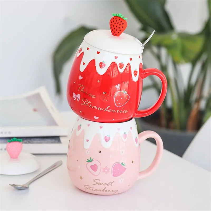 500 мл милые Керамика кружка с крышкой Ложка творческая большая емкость клубника