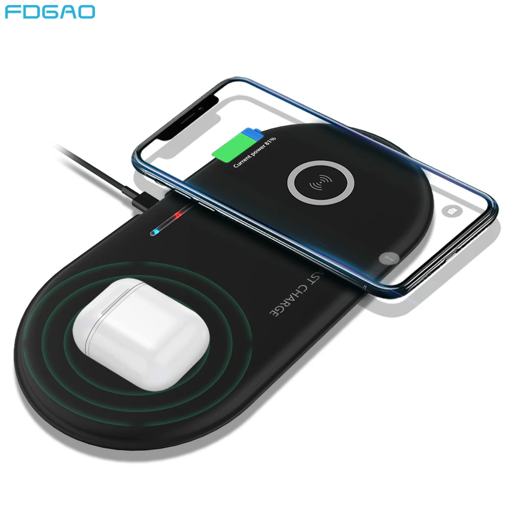 Быстрое беспроводное зарядное устройство 2 в 1 для Airpods Pro iPhone 8 X XR XS 11 Samsung S20 S10 Xiaomi Mi