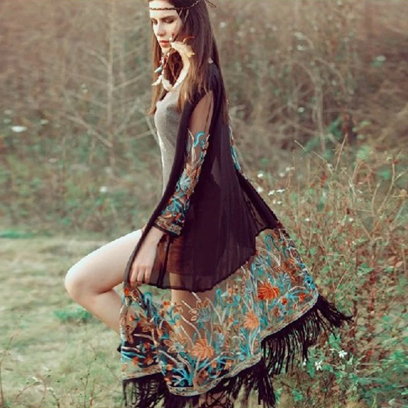 Летнее кимоно в богемном стиле кардиган повседневные Модные женские рубашки