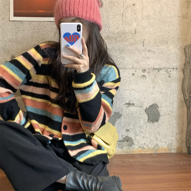 Женский вязаный кардиган в радужную полоску свободный свитер с длинным рукавом